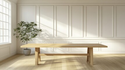Poster - Interior room scene featuring a long wooden table and potted plant