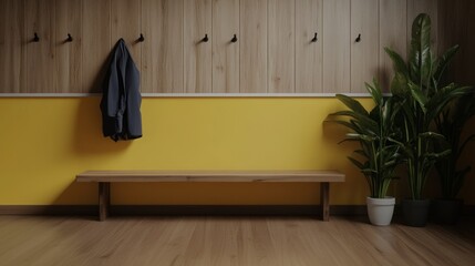 Poster - A yellow wall and wooden bench with hanging coat and plants