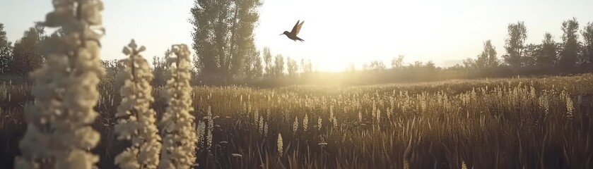 Poster - A bird flies above a field in the warm golden sunlight