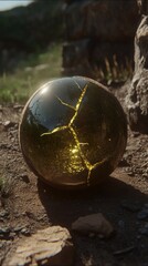 Poster - Cracked spherical object displaying golden light on an outdoor setting