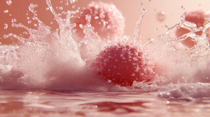 Poster - Pink spheres impacting and causing a dynamic splash of clear water