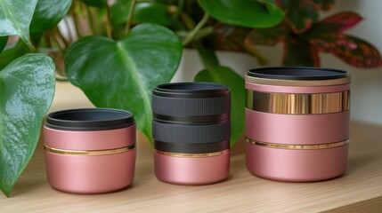 Poster - Three cylindrical objects in a row are on a wooden surface