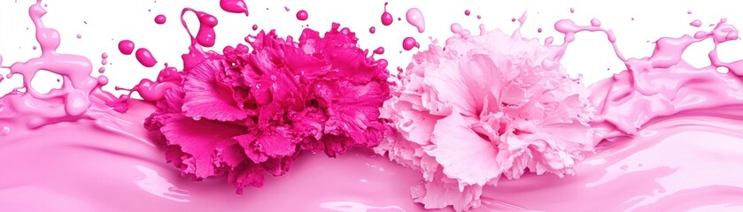 Poster - Two vibrant pink flowers immersed in flowing pink liquid