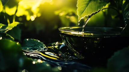 Poster - A single water drop falling into a glass bowl among leaves