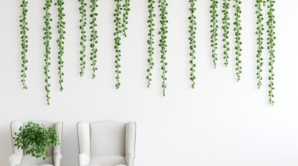 Poster - Green hanging vines are over two white chairs and wall