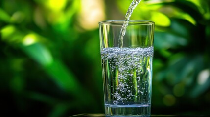 Poster - A clear glass is being filled with fresh flowing water