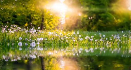 Poster - Sunlight illuminates dandelions in a grassy field next to water, with trees in the background. A bright and peaceful nature scene is reflected in the water.