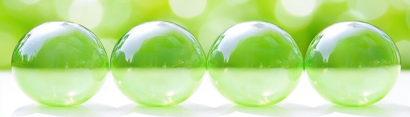 Poster - Four spherical transparent objects with bright green colors present