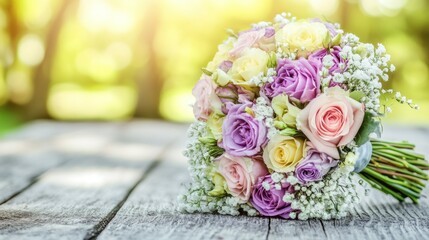 Poster - A beautiful and colorful flower bouquet sitting on wooden surface