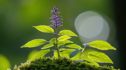 Poster - A vibrant purple flower sprouts from lush green moss beautifully