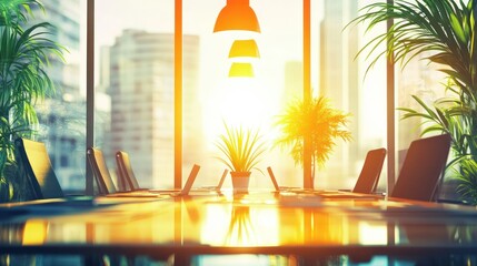 Poster - Bright sunny boardroom setting with green plants and windows