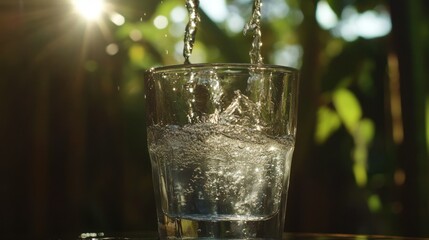 Poster - Clear Water Poured Into A Transparent Glass In Sunlight
