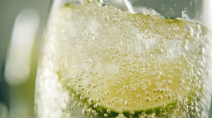Poster - Refreshing bubbly drink with lime slices in transparent glass