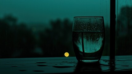 Poster - A glass of water is situated near a window in the rain