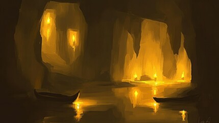 Poster - A cave lit with warm illumination and two small wooden boats