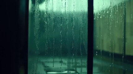 Poster - Raindrops Flowing Down A Glass Window Displaying The Outdoors