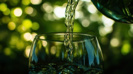 Aufkleber - Clear water pouring into a transparent glass goblet outdoors