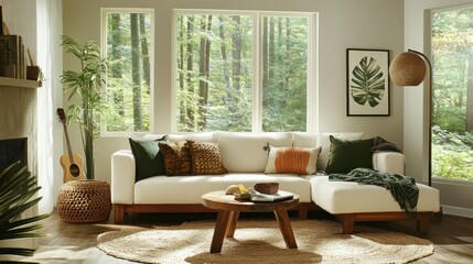 Aufkleber - A Cozy Living Room Decorated With Natural Elements And Furniture