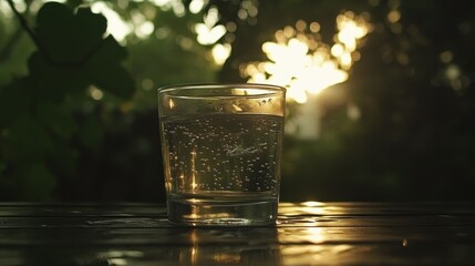 Poster - A glass of water sits in bright sunlight on a table
