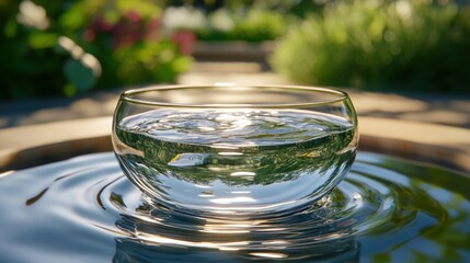 Poster - A glass bowl filled with water sits on a rippled surface