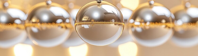 Poster - Shiny metallic holiday ornaments hanging in a warm blurred background