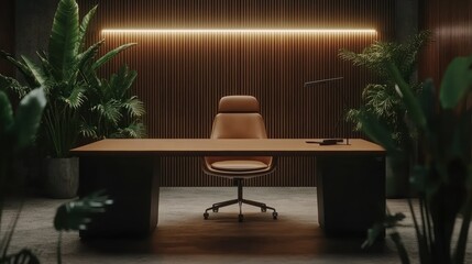 Poster - A modern office space featuring a desk and a chair