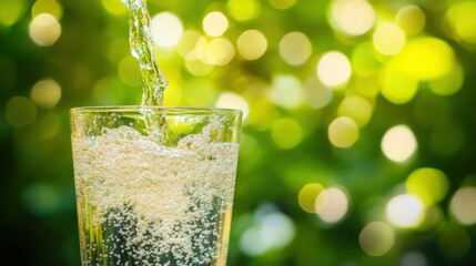 Poster - Sparkling water fills a clear glass against a green backdrop