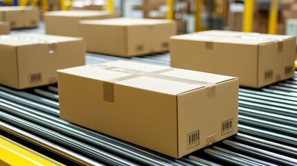 Poster - Boxes are positioned on a conveyor system in a warehouse setting