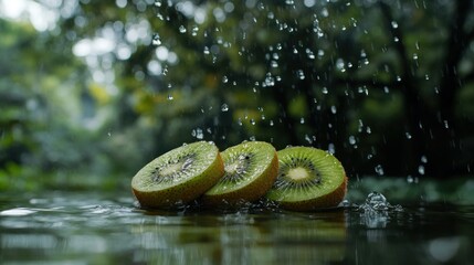 Poster - Fresh sliced kiwi fruit in water during the rain shower