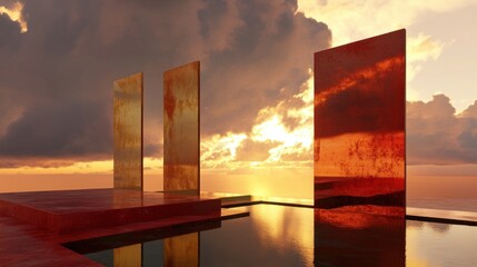 Poster - Three reflective abstract panels stand by a body of water at sunset