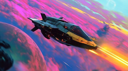 Poster - Futuristic spacecraft navigating through vibrant space with planets nearby