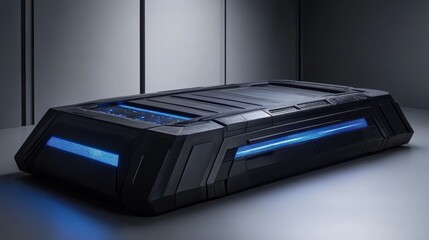 Poster - A futuristic black rectangular technological device with blue illumination panels
