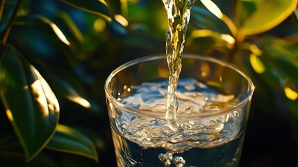 Poster - Pure refreshing water flowing into a clear glass beaker outdoors