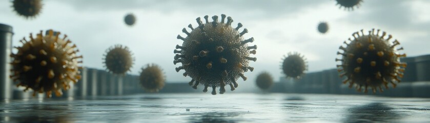 Poster - Floating spherical virus cells against a blurred industrial backdrop setting