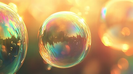 Poster - Colorful iridescent soap bubbles floating with warm sunlight bokeh background