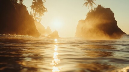 Aufkleber - Golden sunset illuminates calm ocean waters beside rocky cliffs