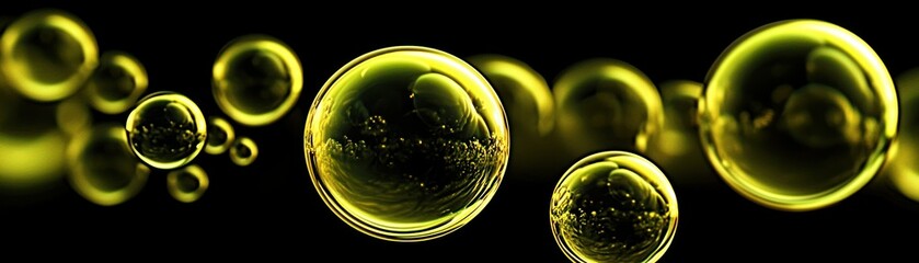 Poster - Glowing yellow translucent spheres floating against a dark black background