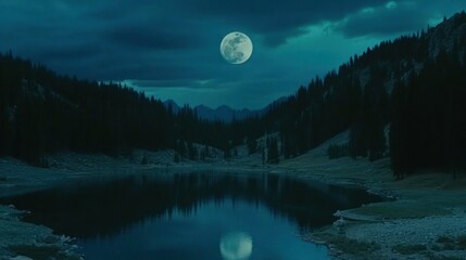 Aufkleber - A moonlit lake reflecting beneath dark forests on calm night