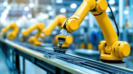 Poster - Automated robotic arms working on an assembly line in a factory