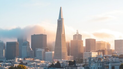 Poster - A cityscape featuring tall buildings shrouded in morning fog and light