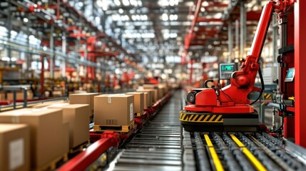 Poster - A factory setting demonstrates automated processes and material transport