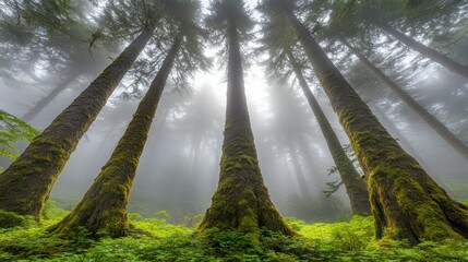 Poster - tall mossy trees reaching towards the sky in a forest