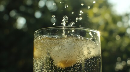 Poster - A glass of sparkling liquid with ice and splashing water droplets