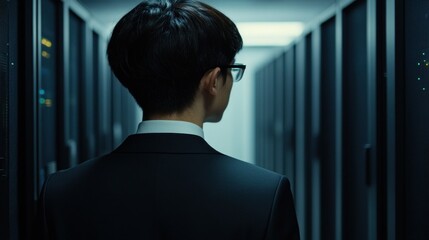 Poster - A man in a suit views a server room corridor