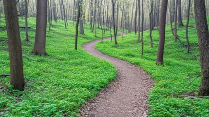 Poster - A winding trail leads through a green lush forest of trees