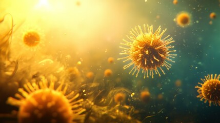 Poster - Rendered microscopic depiction of floating spherical shaped viruses