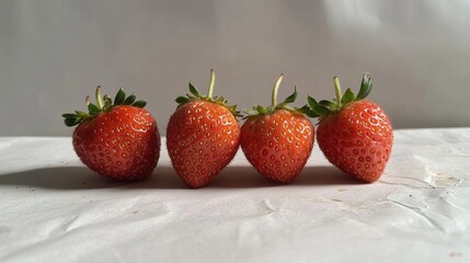 Poster - Four ripe red strawberries arranged neatly on a white paper surface