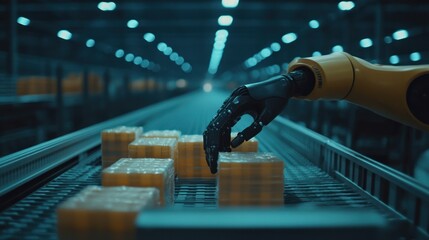 Poster - A robotic arm picking up packages from a conveyor belt