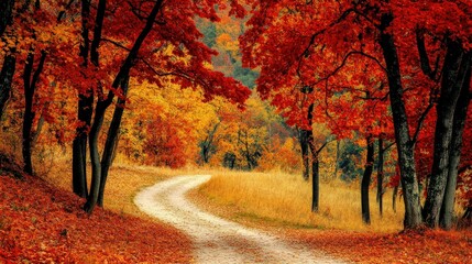 Poster - A winding dirt path through colorful trees during the autumn season