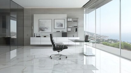 Poster - A modern office space featuring a desk and ocean view
